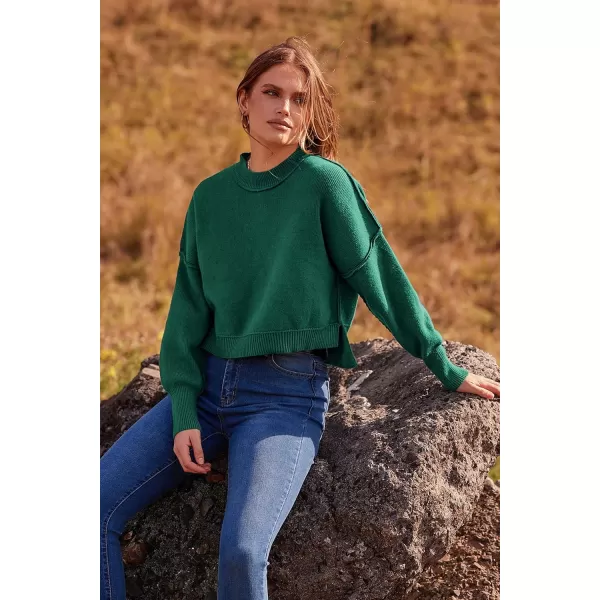 imagePRETTYGARDEN Womens Fall Cropped Striped Sweaters Casual Long Sleeve Crewneck Pullover Oversized Winter Tops JumperSolid Dark Green