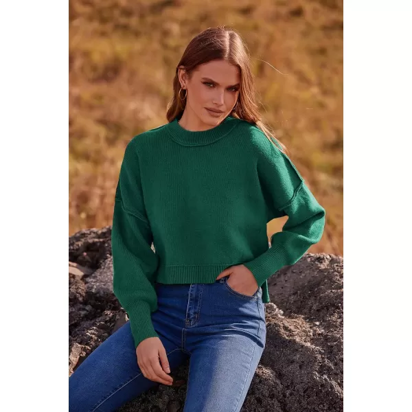imagePRETTYGARDEN Womens Fall Cropped Striped Sweaters Casual Long Sleeve Crewneck Pullover Oversized Winter Tops JumperSolid Dark Green