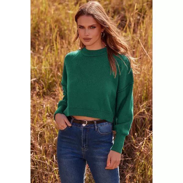 imagePRETTYGARDEN Womens Fall Cropped Striped Sweaters Casual Long Sleeve Crewneck Pullover Oversized Winter Tops JumperSolid Dark Green