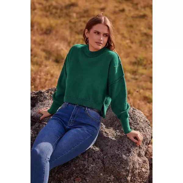 imagePRETTYGARDEN Womens Fall Cropped Striped Sweaters Casual Long Sleeve Crewneck Pullover Oversized Winter Tops JumperSolid Dark Green