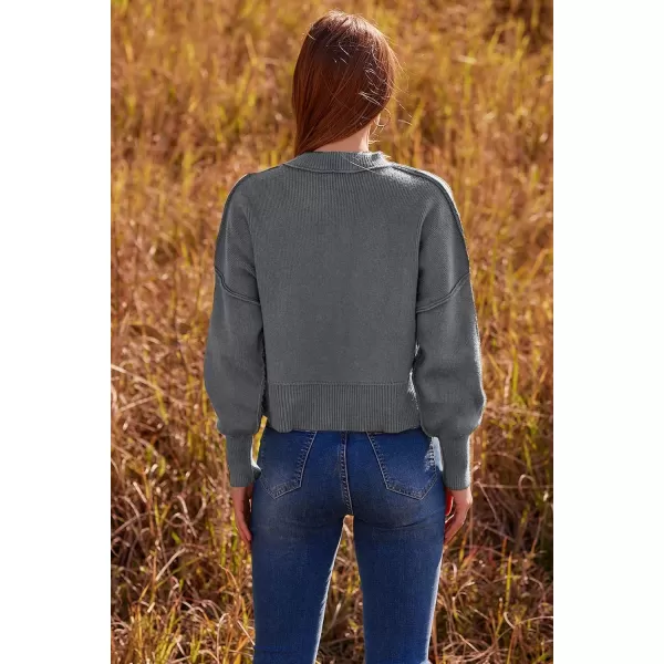 imagePRETTYGARDEN Womens Fall Cropped Striped Sweaters Casual Long Sleeve Crewneck Pullover Oversized Winter Tops JumperSolid Grey
