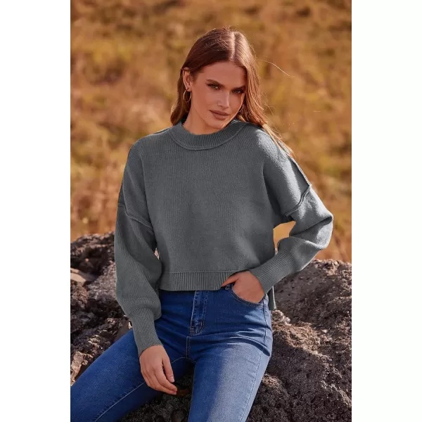 imagePRETTYGARDEN Womens Fall Cropped Striped Sweaters Casual Long Sleeve Crewneck Pullover Oversized Winter Tops JumperSolid Grey