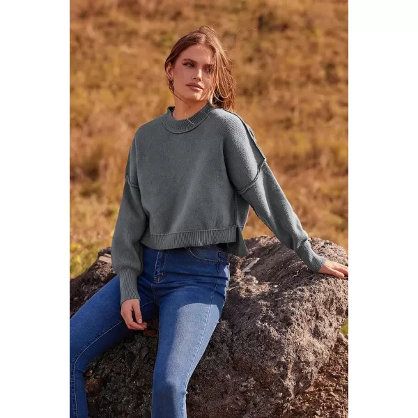 imagePRETTYGARDEN Womens Fall Cropped Striped Sweaters Casual Long Sleeve Crewneck Pullover Oversized Winter Tops JumperSolid Grey