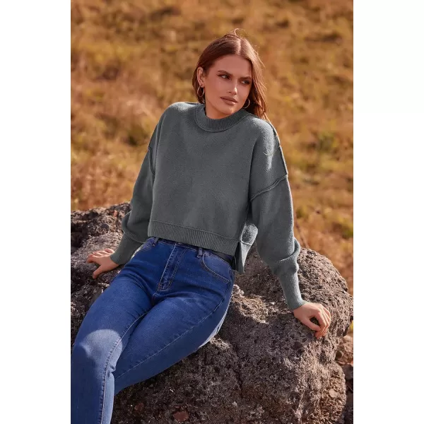 imagePRETTYGARDEN Womens Fall Cropped Striped Sweaters Casual Long Sleeve Crewneck Pullover Oversized Winter Tops JumperSolid Grey