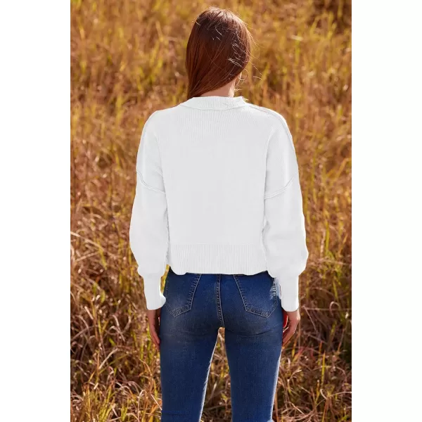 imagePRETTYGARDEN Womens Fall Cropped Striped Sweaters Casual Long Sleeve Crewneck Pullover Oversized Winter Tops JumperSolid White