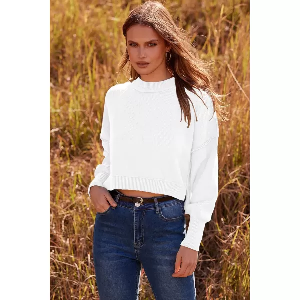 imagePRETTYGARDEN Womens Fall Cropped Striped Sweaters Casual Long Sleeve Crewneck Pullover Oversized Winter Tops JumperSolid White
