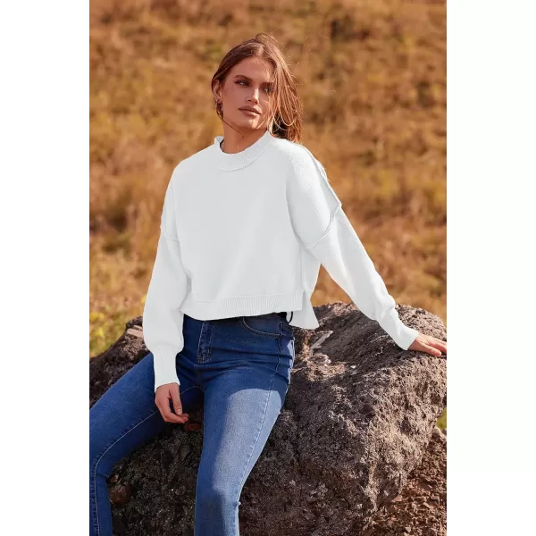 imagePRETTYGARDEN Womens Fall Cropped Striped Sweaters Casual Long Sleeve Crewneck Pullover Oversized Winter Tops JumperSolid White