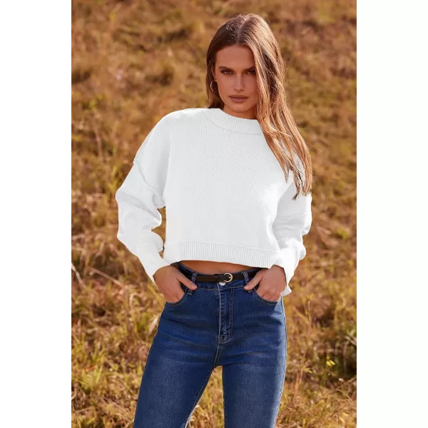 imagePRETTYGARDEN Womens Fall Cropped Striped Sweaters Casual Long Sleeve Crewneck Pullover Oversized Winter Tops JumperSolid White