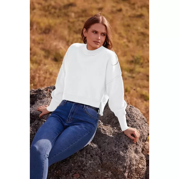 imagePRETTYGARDEN Womens Fall Cropped Striped Sweaters Casual Long Sleeve Crewneck Pullover Oversized Winter Tops JumperSolid White