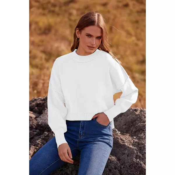 imagePRETTYGARDEN Womens Fall Cropped Striped Sweaters Casual Long Sleeve Crewneck Pullover Oversized Winter Tops JumperSolid White
