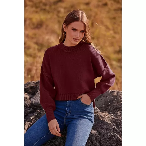 imagePRETTYGARDEN Womens Fall Cropped Striped Sweaters Casual Long Sleeve Crewneck Pullover Oversized Winter Tops JumperSolid Wine Red