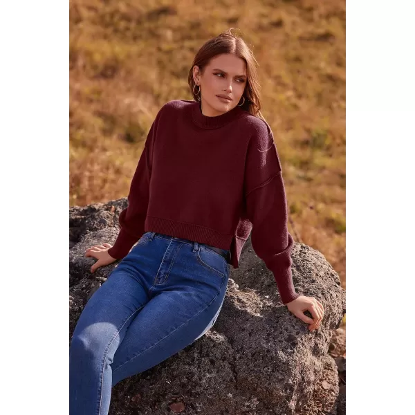 imagePRETTYGARDEN Womens Fall Cropped Striped Sweaters Casual Long Sleeve Crewneck Pullover Oversized Winter Tops JumperSolid Wine Red