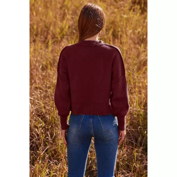 imagePRETTYGARDEN Womens Fall Cropped Striped Sweaters Casual Long Sleeve Crewneck Pullover Oversized Winter Tops JumperSolid Wine Red