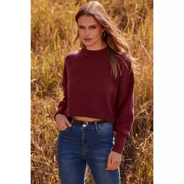 imagePRETTYGARDEN Womens Fall Cropped Striped Sweaters Casual Long Sleeve Crewneck Pullover Oversized Winter Tops JumperSolid Wine Red