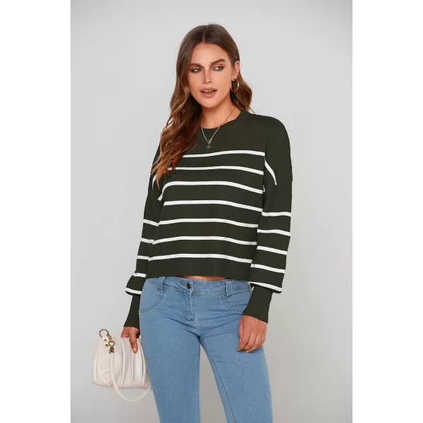 imagePRETTYGARDEN Womens Fall Cropped Striped Sweaters Casual Long Sleeve Crewneck Pullover Oversized Winter Tops JumperStriped Army Green