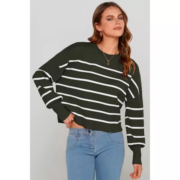 imagePRETTYGARDEN Womens Fall Cropped Striped Sweaters Casual Long Sleeve Crewneck Pullover Oversized Winter Tops JumperStriped Army Green