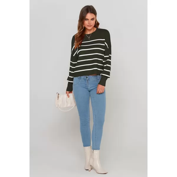 imagePRETTYGARDEN Womens Fall Cropped Striped Sweaters Casual Long Sleeve Crewneck Pullover Oversized Winter Tops JumperStriped Army Green
