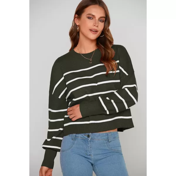 imagePRETTYGARDEN Womens Fall Cropped Striped Sweaters Casual Long Sleeve Crewneck Pullover Oversized Winter Tops JumperStriped Army Green