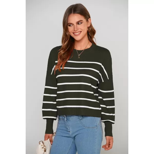 imagePRETTYGARDEN Womens Fall Cropped Striped Sweaters Casual Long Sleeve Crewneck Pullover Oversized Winter Tops JumperStriped Army Green