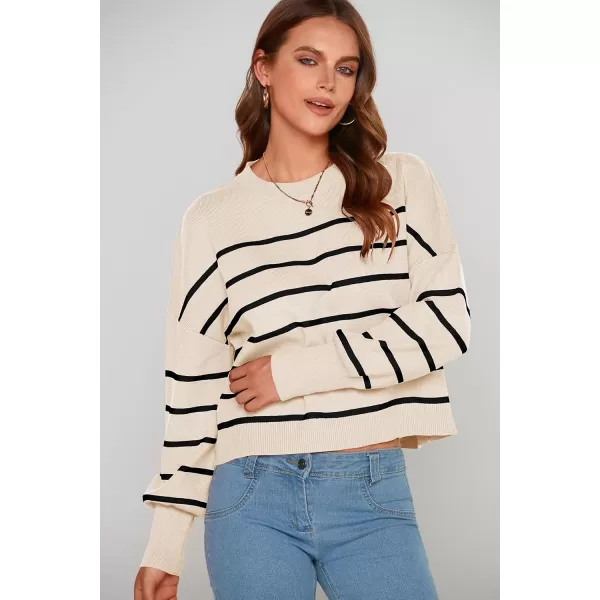imagePRETTYGARDEN Womens Fall Cropped Striped Sweaters Casual Long Sleeve Crewneck Pullover Oversized Winter Tops JumperStriped Beige