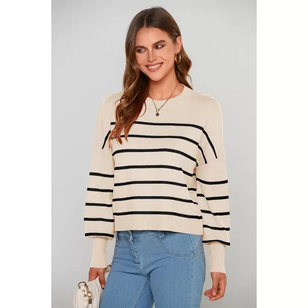 imagePRETTYGARDEN Womens Fall Cropped Striped Sweaters Casual Long Sleeve Crewneck Pullover Oversized Winter Tops JumperStriped Beige