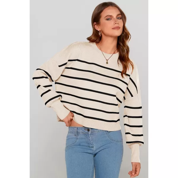 imagePRETTYGARDEN Womens Fall Cropped Striped Sweaters Casual Long Sleeve Crewneck Pullover Oversized Winter Tops JumperStriped Beige