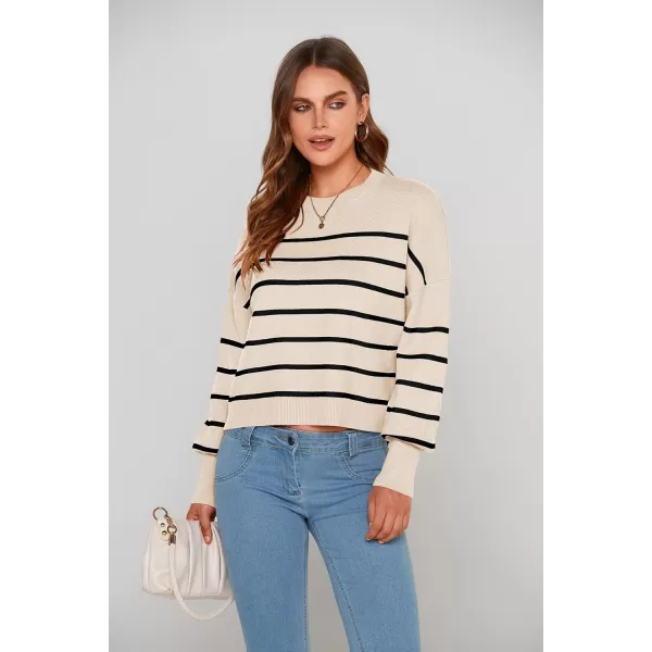imagePRETTYGARDEN Womens Fall Cropped Striped Sweaters Casual Long Sleeve Crewneck Pullover Oversized Winter Tops JumperStriped Beige