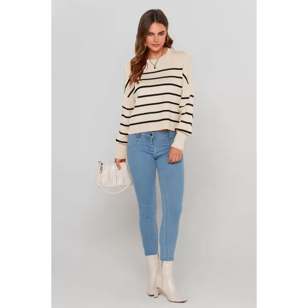 imagePRETTYGARDEN Womens Fall Cropped Striped Sweaters Casual Long Sleeve Crewneck Pullover Oversized Winter Tops JumperStriped Beige