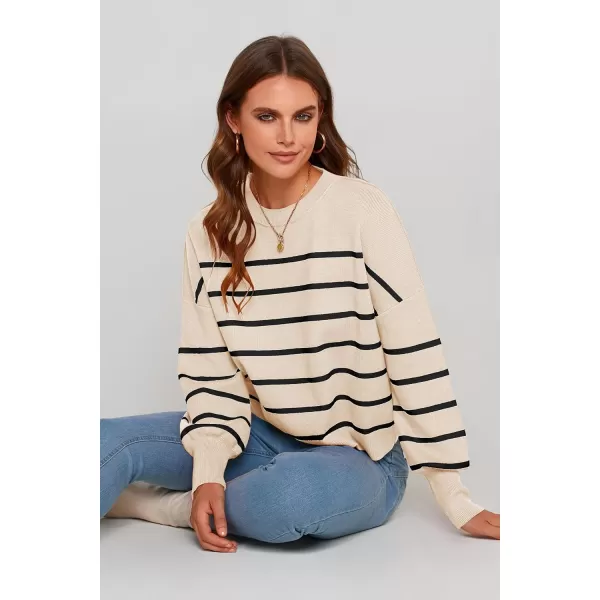 imagePRETTYGARDEN Womens Fall Cropped Striped Sweaters Casual Long Sleeve Crewneck Pullover Oversized Winter Tops JumperStriped Beige