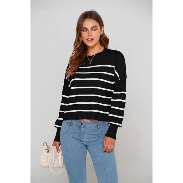 imagePRETTYGARDEN Womens Fall Cropped Striped Sweaters Casual Long Sleeve Crewneck Pullover Oversized Winter Tops JumperStriped Black