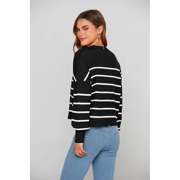 imagePRETTYGARDEN Womens Fall Cropped Striped Sweaters Casual Long Sleeve Crewneck Pullover Oversized Winter Tops JumperStriped Black