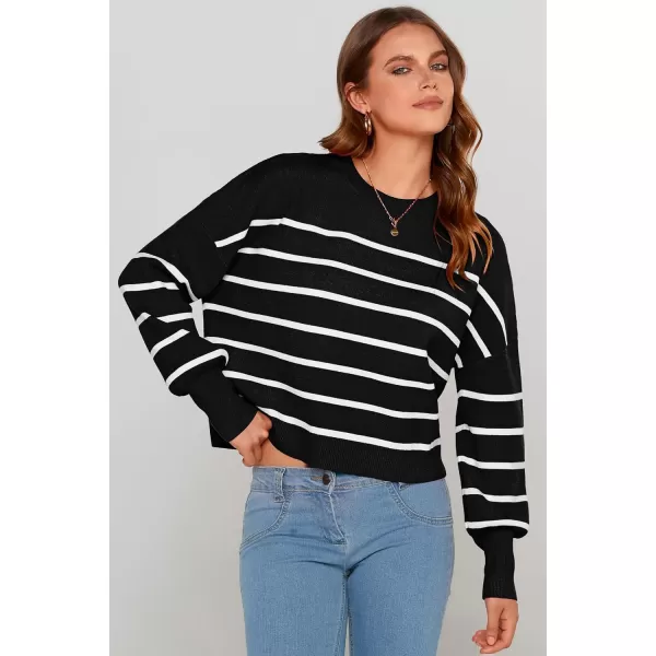 imagePRETTYGARDEN Womens Fall Cropped Striped Sweaters Casual Long Sleeve Crewneck Pullover Oversized Winter Tops JumperStriped Black