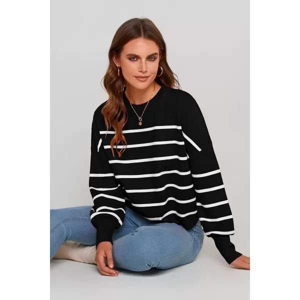 imagePRETTYGARDEN Womens Fall Cropped Striped Sweaters Casual Long Sleeve Crewneck Pullover Oversized Winter Tops JumperStriped Black