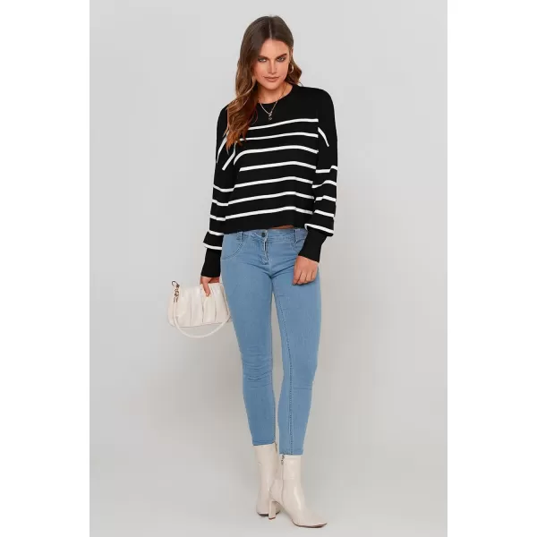 imagePRETTYGARDEN Womens Fall Cropped Striped Sweaters Casual Long Sleeve Crewneck Pullover Oversized Winter Tops JumperStriped Black