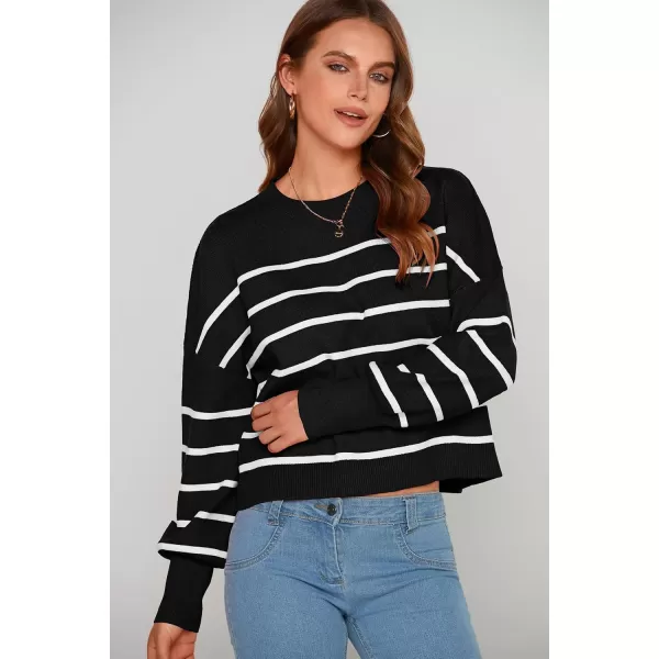 imagePRETTYGARDEN Womens Fall Cropped Striped Sweaters Casual Long Sleeve Crewneck Pullover Oversized Winter Tops JumperStriped Black