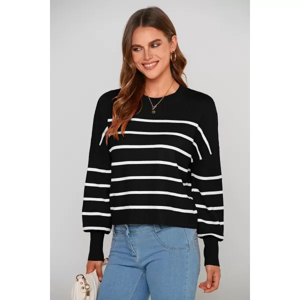 imagePRETTYGARDEN Womens Fall Cropped Striped Sweaters Casual Long Sleeve Crewneck Pullover Oversized Winter Tops JumperStriped Black