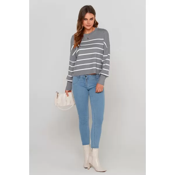 imagePRETTYGARDEN Womens Fall Cropped Striped Sweaters Casual Long Sleeve Crewneck Pullover Oversized Winter Tops JumperStriped Grey