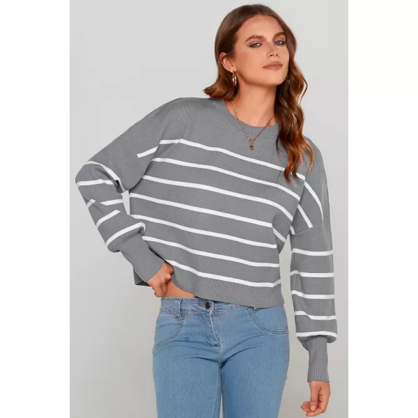 imagePRETTYGARDEN Womens Fall Cropped Striped Sweaters Casual Long Sleeve Crewneck Pullover Oversized Winter Tops JumperStriped Grey