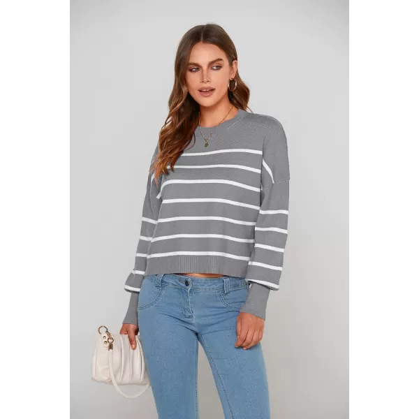 imagePRETTYGARDEN Womens Fall Cropped Striped Sweaters Casual Long Sleeve Crewneck Pullover Oversized Winter Tops JumperStriped Grey