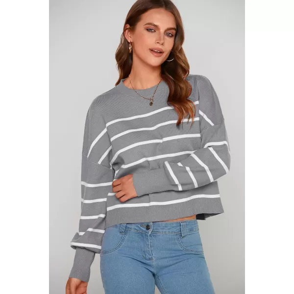 imagePRETTYGARDEN Womens Fall Cropped Striped Sweaters Casual Long Sleeve Crewneck Pullover Oversized Winter Tops JumperStriped Grey