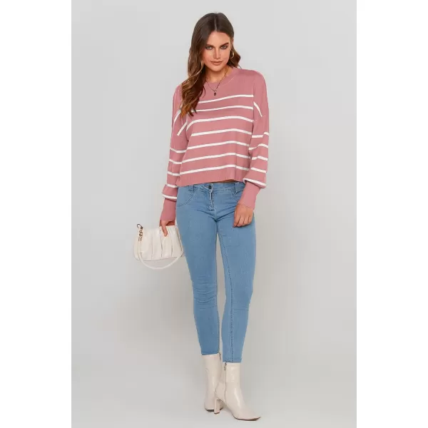 imagePRETTYGARDEN Womens Fall Cropped Striped Sweaters Casual Long Sleeve Crewneck Pullover Oversized Winter Tops JumperStriped Pink
