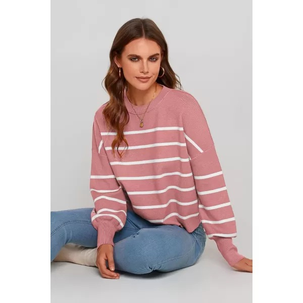 imagePRETTYGARDEN Womens Fall Cropped Striped Sweaters Casual Long Sleeve Crewneck Pullover Oversized Winter Tops JumperStriped Pink