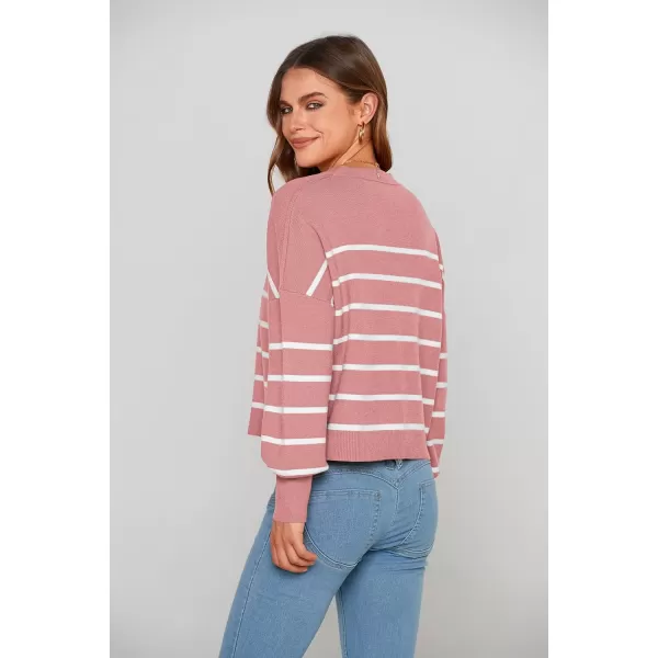 imagePRETTYGARDEN Womens Fall Cropped Striped Sweaters Casual Long Sleeve Crewneck Pullover Oversized Winter Tops JumperStriped Pink