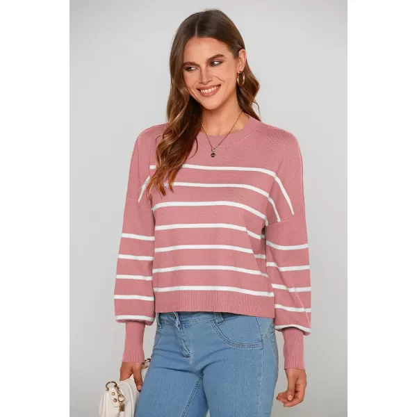 imagePRETTYGARDEN Womens Fall Cropped Striped Sweaters Casual Long Sleeve Crewneck Pullover Oversized Winter Tops JumperStriped Pink