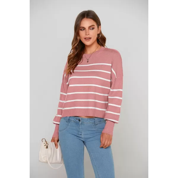 imagePRETTYGARDEN Womens Fall Cropped Striped Sweaters Casual Long Sleeve Crewneck Pullover Oversized Winter Tops JumperStriped Pink