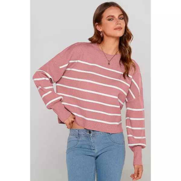 imagePRETTYGARDEN Womens Fall Cropped Striped Sweaters Casual Long Sleeve Crewneck Pullover Oversized Winter Tops JumperStriped Pink