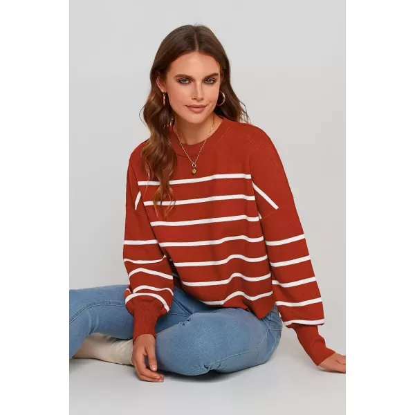 imagePRETTYGARDEN Womens Fall Cropped Striped Sweaters Casual Long Sleeve Crewneck Pullover Oversized Winter Tops JumperStriped Rust Red