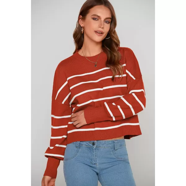 imagePRETTYGARDEN Womens Fall Cropped Striped Sweaters Casual Long Sleeve Crewneck Pullover Oversized Winter Tops JumperStriped Rust Red