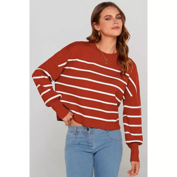 imagePRETTYGARDEN Womens Fall Cropped Striped Sweaters Casual Long Sleeve Crewneck Pullover Oversized Winter Tops JumperStriped Rust Red