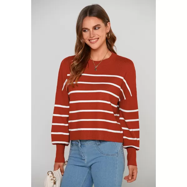 imagePRETTYGARDEN Womens Fall Cropped Striped Sweaters Casual Long Sleeve Crewneck Pullover Oversized Winter Tops JumperStriped Rust Red